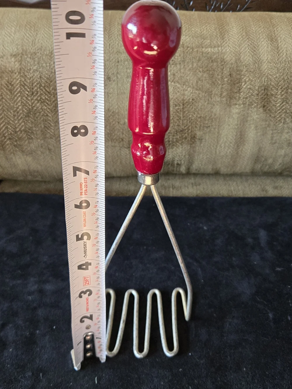 Vintage Red Wooden-Handle Potato Masher Sturdy Handle